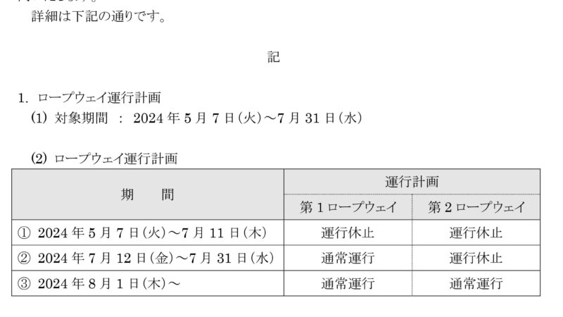 新穂高ロープウェイ メンテナンス休業のお知らせ